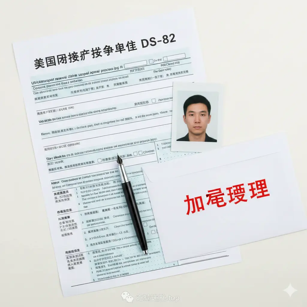 一张清晰的换发指南教程图片。画面中出现美国护照申请表DS-82、一张标准的白底护照照片、一支钢笔以及一个带有‘Expedited’（加急）字样的信封。整体采用俯拍视角（Flat Lay），光线均匀明亮，具有办公或办理事务的严谨感。元素排列整齐，引导读者了解申请加急换发护照的具体步骤和所需材料。