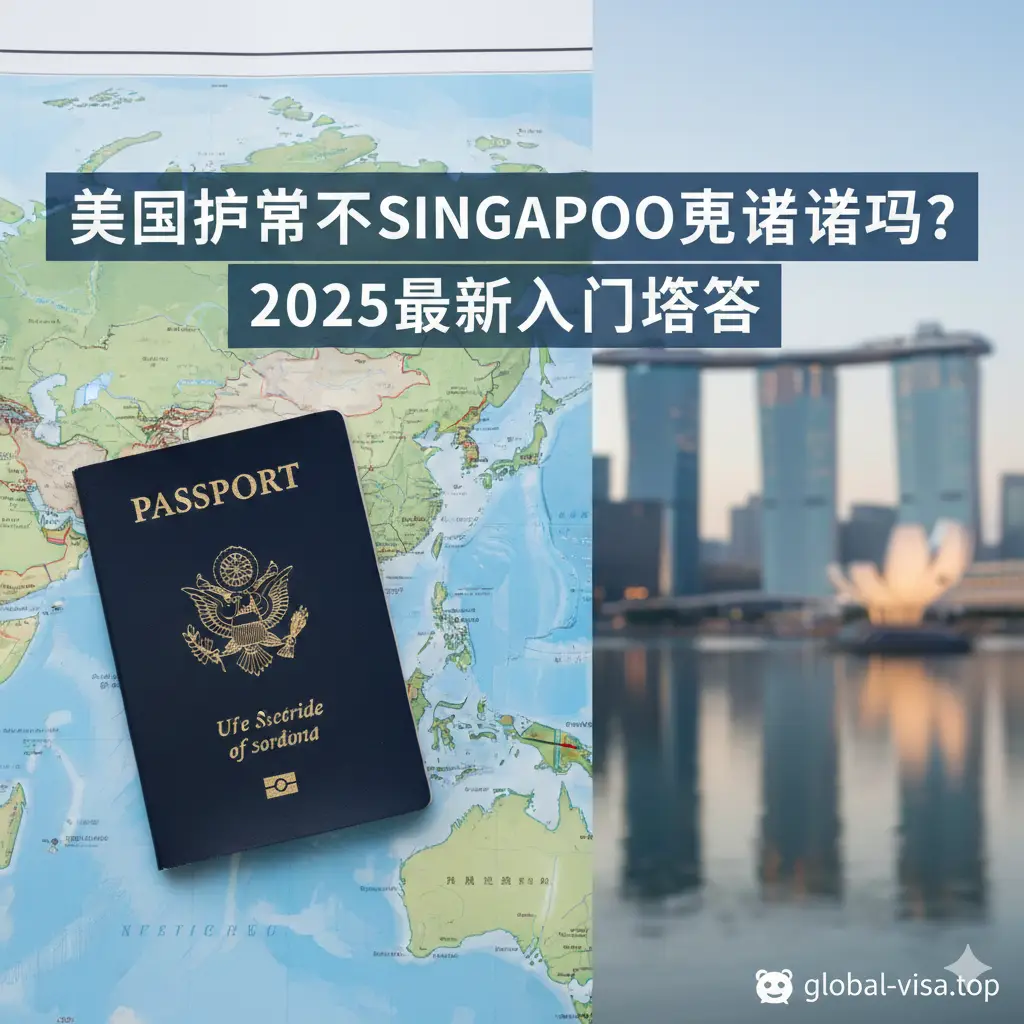 一张高质量的封面图。画面左侧是一本醒目的深蓝色美国护照，放置在干净整洁的旅行地图上；右侧远景是新加坡地标建筑滨海湾金沙酒店和鱼尾狮公园的朦胧倒影。色调清新明亮，采用大光圈虚化背景。画面中央上方有大号醒目的中文文字：‘美国护照去新加坡要签证吗？2025最新入境攻略’，整体呈现出一种专业且令人愉悦的旅行氛围。