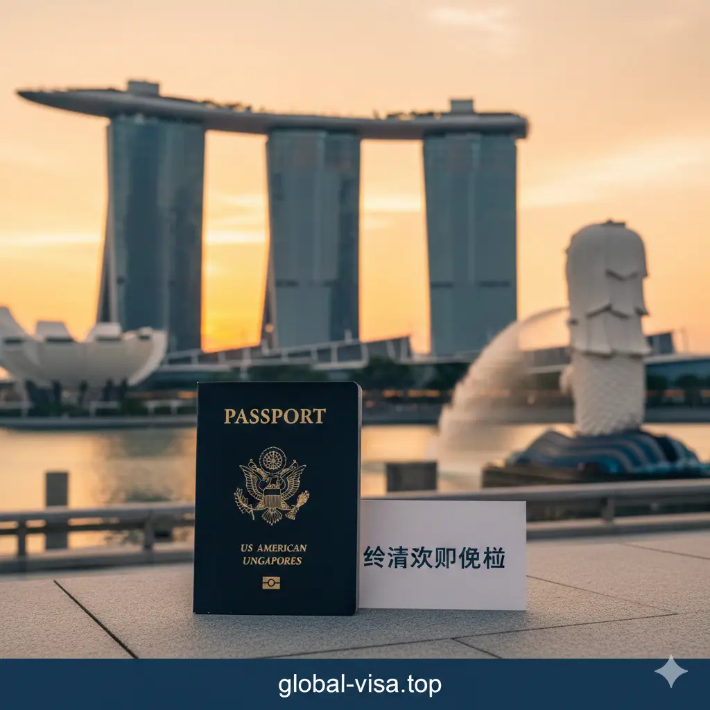一张高质量的旅游概念摄影图,前景清晰展示一本深蓝色的美国护照(United States Passport),背景虚化展示新加坡标志性的滨海湾金沙酒店(Marina Bay Sands)和鱼尾狮雕像。光线采用柔和的自然光或黄金时刻光效,营造出高端、便捷的国际旅行氛围。构图中心突出护照封面,象征着美国公民前往新加坡的通行权,色彩明亮饱和,符合global-visa.top的专业签证资讯站点风格。