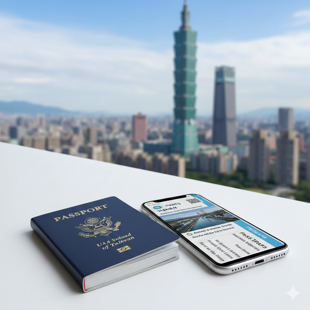 A high-quality cinematic cover image featuring a dark blue US passport placed on a clean white surface next to a modern smartphone displaying a digital boarding pass. In the background, a blurred but recognizable view of Taipei 101 and the Taipei skyline under a clear blue sky.