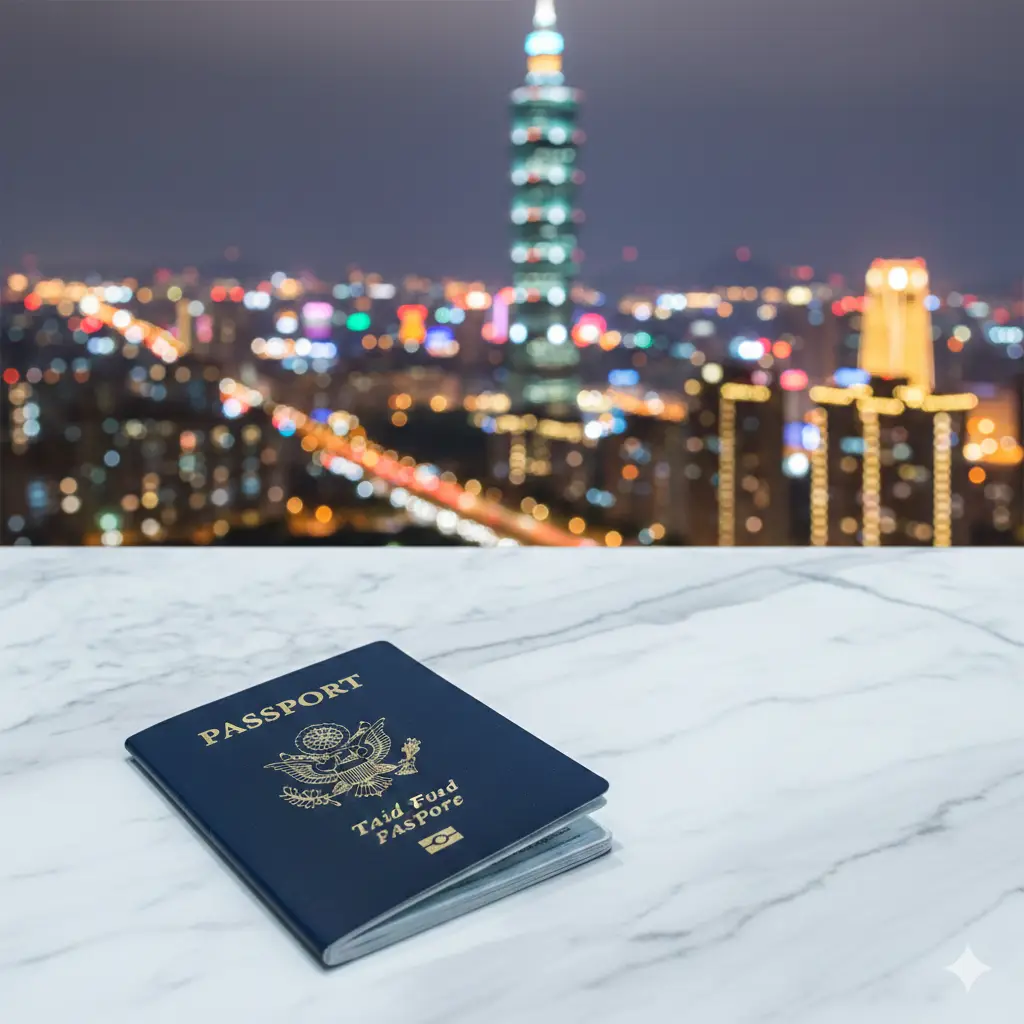 一张高质量的封面图片，前景是一本清晰的深蓝色美国护照，放置在干净的白色大理石桌面上。背景通过大光圈虚化处理，隐约可见台湾标志性建筑台北101大楼的轮廓和繁华的都市光影。色彩偏向清新亮丽的旅行风格，构图采用对角线分布，强调国际旅行的商务感与专业度，画面中心留白处适合添加标题文字，整体氛围高端且专业。