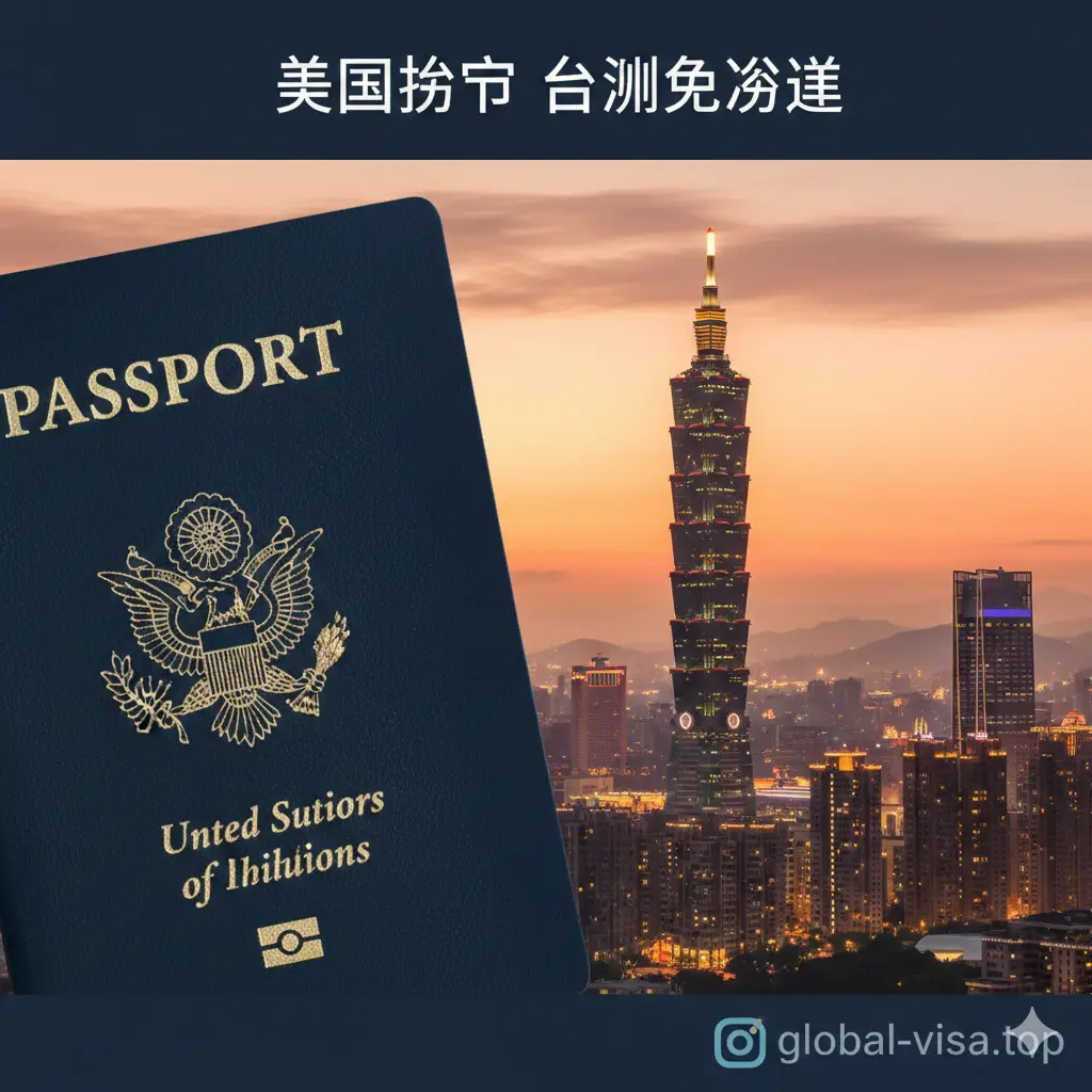 一张高质量的封面图，画面左侧特写一本深蓝色的美国护照，护照上有清晰的金黄色国徽。背景是台北101大楼及迷人的城市天际线，黄昏时分的暖橘色调与城市灯光交织。构图采用景深效果，使护照清晰可见而背景略微虚化。整体视觉风格专业、高端且富有旅行的向往感，体现‘美国护照台湾免签证’的主题。