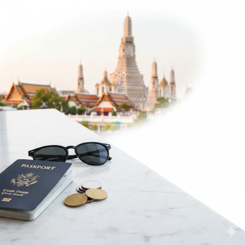一张富有现代感的旅行封面图。左侧近景是一本深蓝色的美国护照，放置在干净的白色大理石桌面上，旁边点缀着几枚泰铢硬币和一副太阳镜。背景是模糊处理的曼谷黎明寺（Wat Arun）标志性建筑。