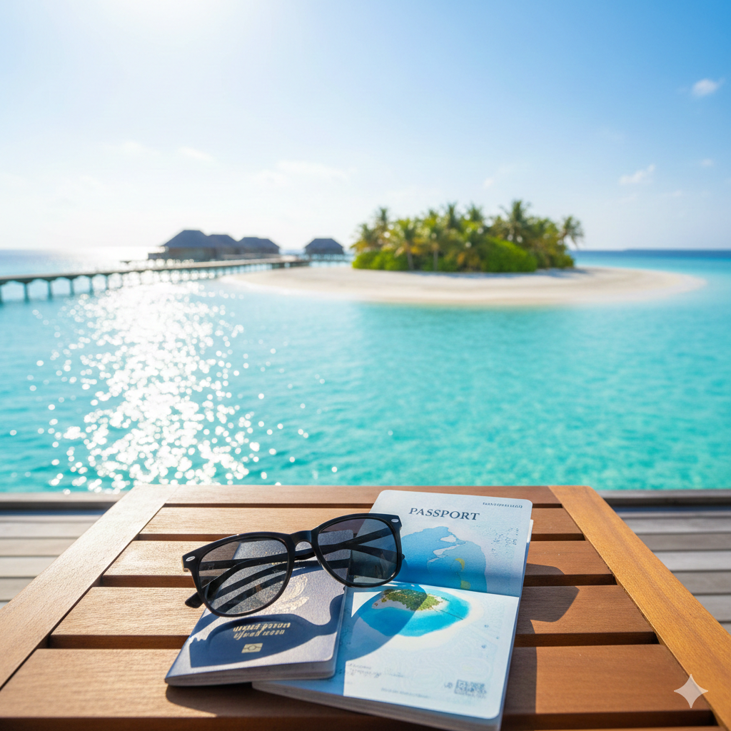 A stunning cinematic view of a luxury Maldives resort with crystal-clear turquoise water and white sandy beaches. In the foreground, a high-quality American passport and a pair of sunglasses are resting on a wooden deck chair. The lighting is bright and tropical, conveying a sense of luxury and ease of travel. The composition uses a shallow depth of field to focus on the passport and the beautiful ocean backdrop.