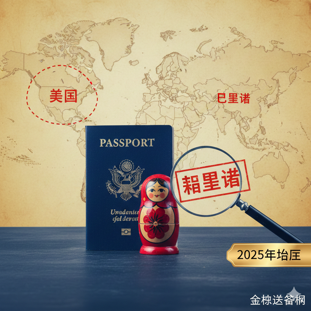 一张极具视觉冲击力的封面图,背景是一张复古风格的世界地图,重点聚焦在俄罗斯和美国区域。前景清晰地展示了一本深蓝色的美国护照,旁边放置着一枚红色的俄罗斯套娃和一个显眼的放大镜,放大镜下聚焦着'VISA REQUIRED'(需要签证)的印章字样。整体色调专业且严肃,采用冷暖对比光线,右下角带有'2025 Guide'的金色标签,直观传达美国公民赴俄必须办理签证的核心信息。