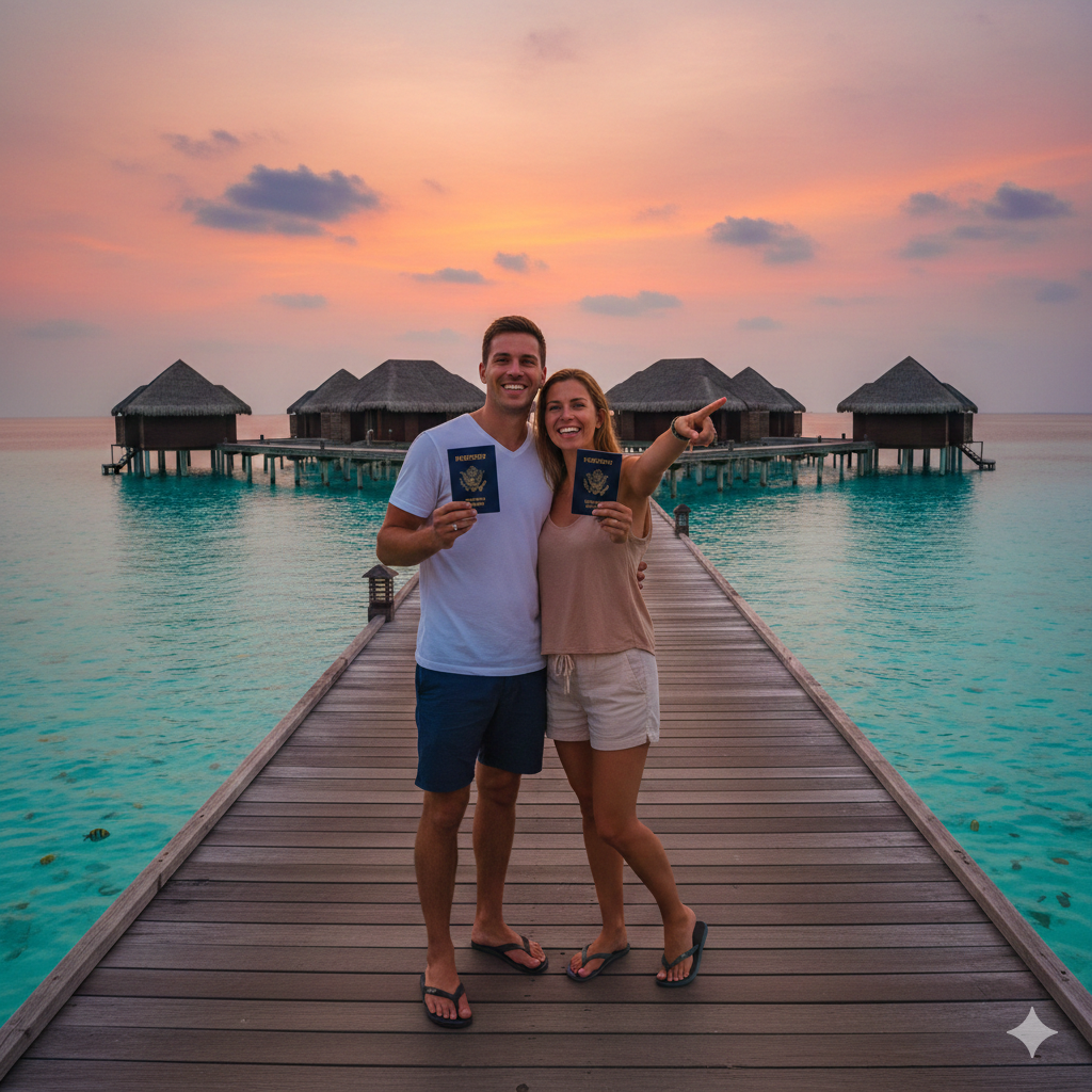 A happy American family or couple standing on a wooden pier in the Maldives, holding their US passports and smiling at the camera. The background features iconic overwater bungalows and a vibrant sunset. The image illustrates the 'power of the passport' and the stress-free travel experience. The style is warm, aspirational, and high-energy, highlighting the emotional benefit of easy visa-free entry.
