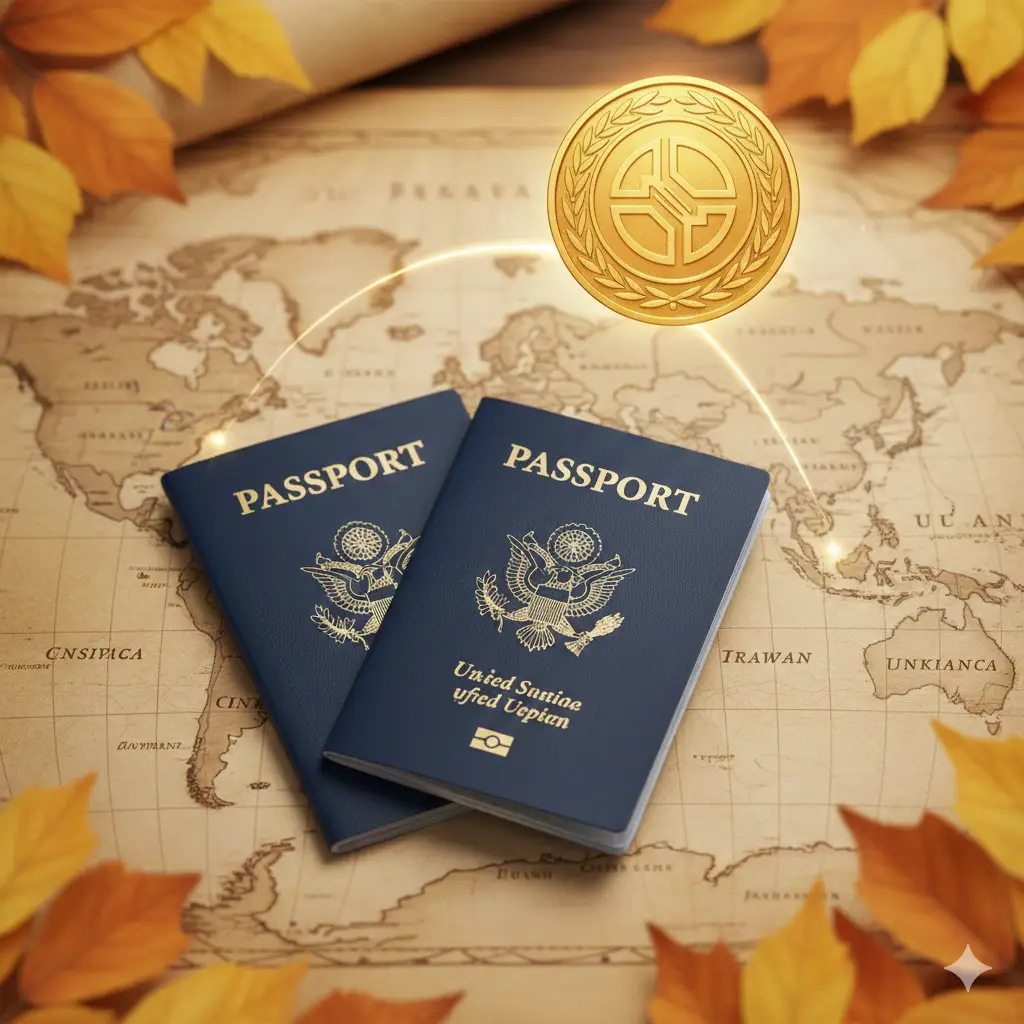 一张突出美国护照专属优势的视觉图片。画面展现两本美国护照重叠放置在地图上，地图重点标注出台湾。画面上方有一枚明亮的金色徽章或闪亮的复古印章，象征‘专属福利’或‘互惠协议’。背景色彩采用暖色调的金秋色系，营造出优越感与信任感。构图稳重，光影分布均匀，强调美国公民在入境政策上享有的特权与便利。