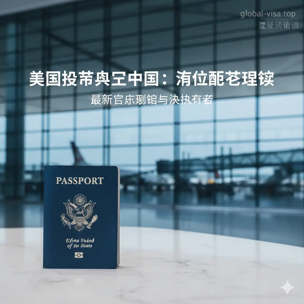 一张高质量的商务旅行风格封面图。画面左侧近景是一本深蓝色的美国护照，放置在干净的白色大理石桌面上，背景是模糊的中国现代化机场候机楼。光线柔和且专业，色调以深蓝色、银色和白色为主。图片上方留有空间，整体构图平衡，展现出权威、正式且国际化的旅行氛围，紧扣美国护照入境中国的主题。