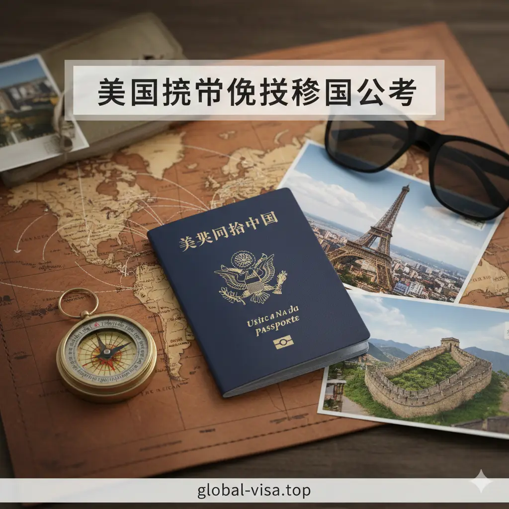 一张极具视觉冲击力的封面图。画面中心是一本深蓝色的美国护照，放置在精致的皮质旅行地图上。周围散落着复古指南针、一副高质感的墨镜和几张欧洲及亚洲著名地标的远景明信片，如埃菲尔铁塔和长城。整体色调温暖且富有质感，采用浅景深构图，背景略微模糊以突出护照，光影柔和，营造出高端国际旅行的氛围。