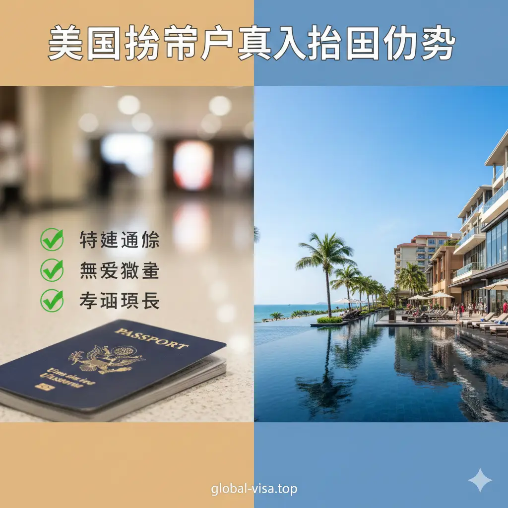 展示美国护照入境泰国优势的对比图。左侧突出美国护照，配以‘快捷通关’、‘无需缴费’等简洁的勾选符号。