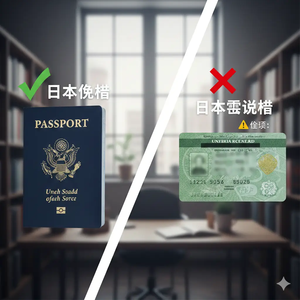 一张对比优势的创意图。画面左侧是鲜明的美国护照配合绿色的‘免签’勾选标记，右侧是美国绿卡配合红色的‘需签证’警告标记。中间使用明显的对比分割线。背景为淡雅的办公室或图书馆风格，光线柔和。这种直观的视觉对比旨在解决读者的信息误区，强调美国护照在前往日本时的巨大便利优势。