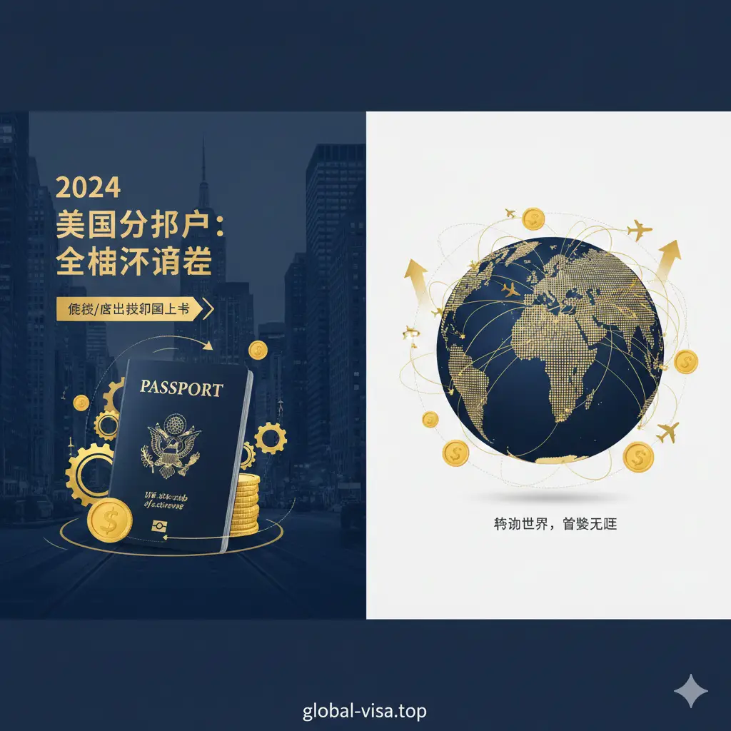 体现美国护照优势的视觉对比图。采用左右对称或三分法构图，左侧展示美国护照与世界主要金融中心（如纽约华尔街）的剪影，右侧展示其在全球范围内的旅行足迹。画面强调‘含金量’概念，加入了一些代表商业价值和移动自由的金币、飞机航线元素。色调对比鲜明，风格偏向商业精英风，突出身份规划的重要性。