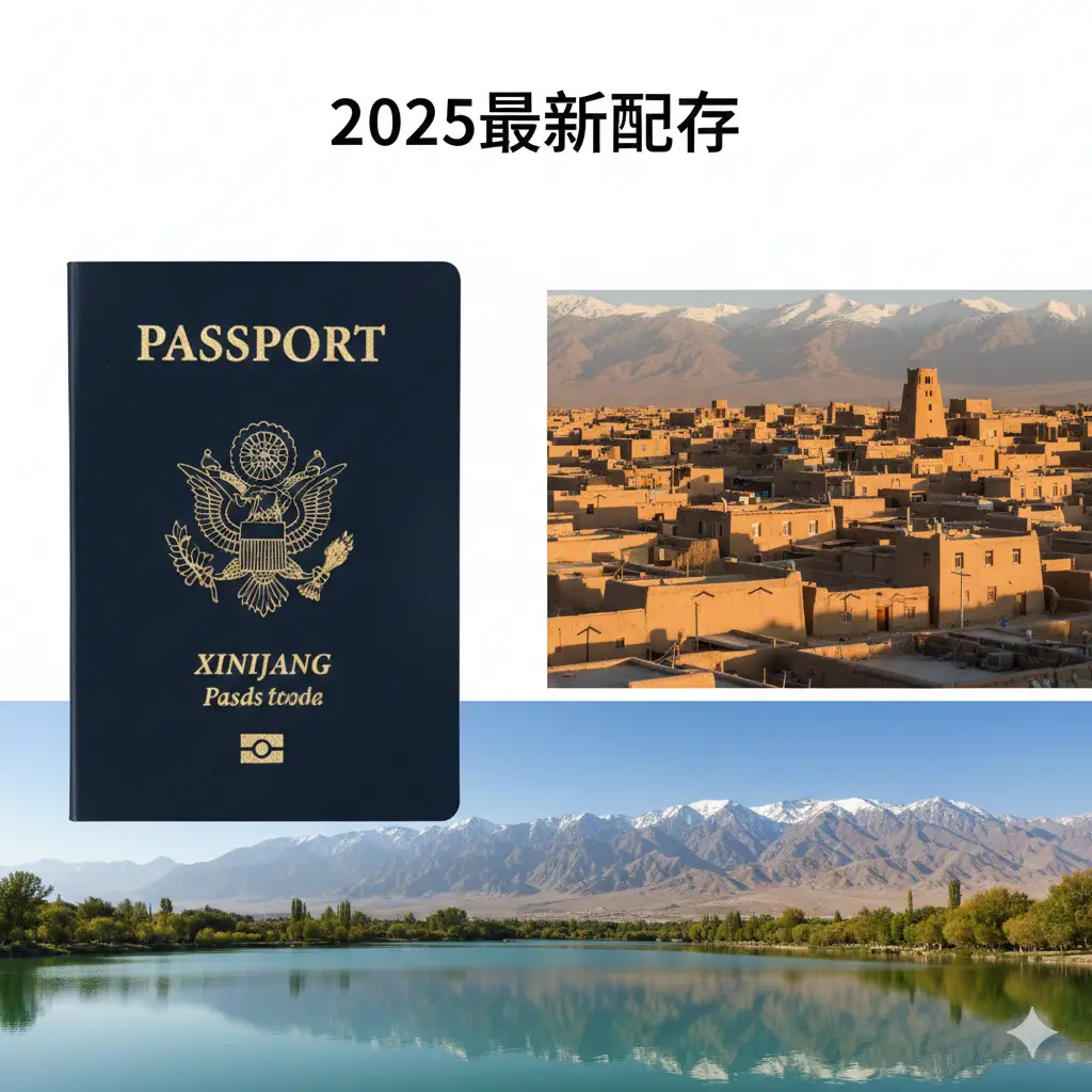 一张具有视觉冲击力的封面图。画面左侧是特写的一本深蓝色美国护照，背景是壮丽的新疆自然景观，如喀什老城的土黄色建筑群或天山天池的雪山碧水。构图采用三分法，色彩鲜明，蓝色的护照与暖色的异域建筑形成对比。画面上方留白，适合放置‘2025最新政策’的标题文字，整体风格专业且富有探索感。