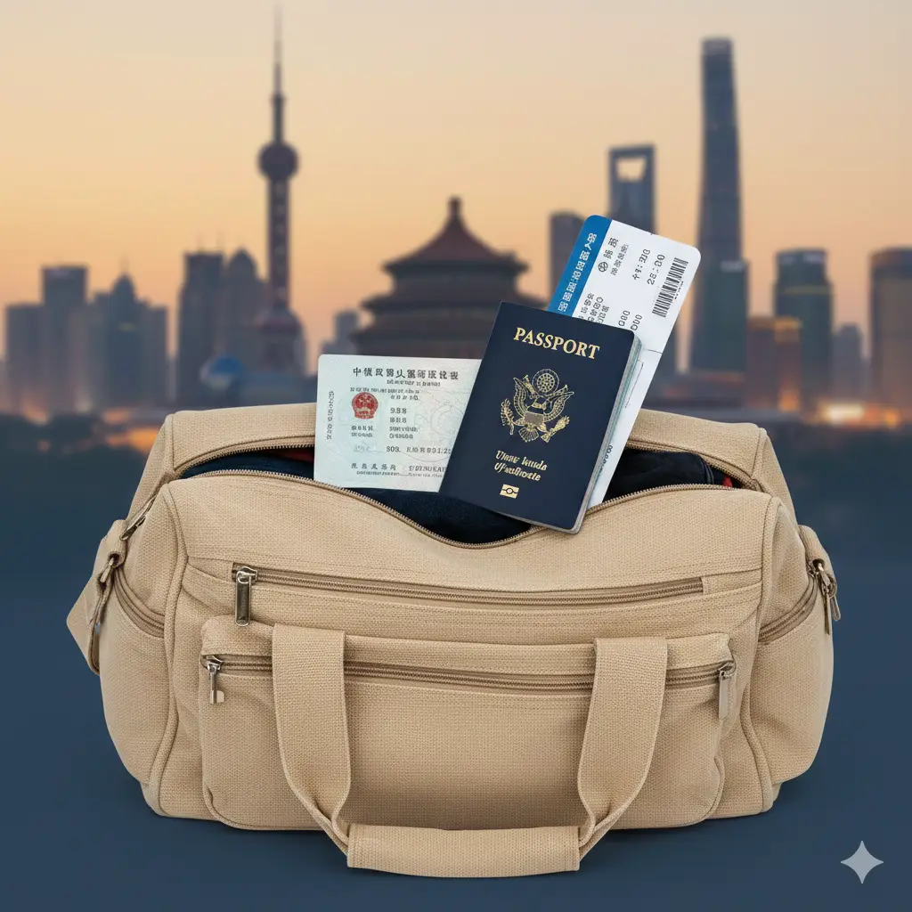 总结性视觉图片。画面展示一个整理好的旅行包,上方放着带有中国签证的美国护照和一张前往中国的登机牌。背景是模糊处理的北京天坛或上海陆家嘴剪影。构图采用俯拍角度,光影柔和自然,色调充满希望与温馨感。图片传达出办理完签证后准备开启美好回国旅程的轻松愉悦,为整篇文章做完美收尾。