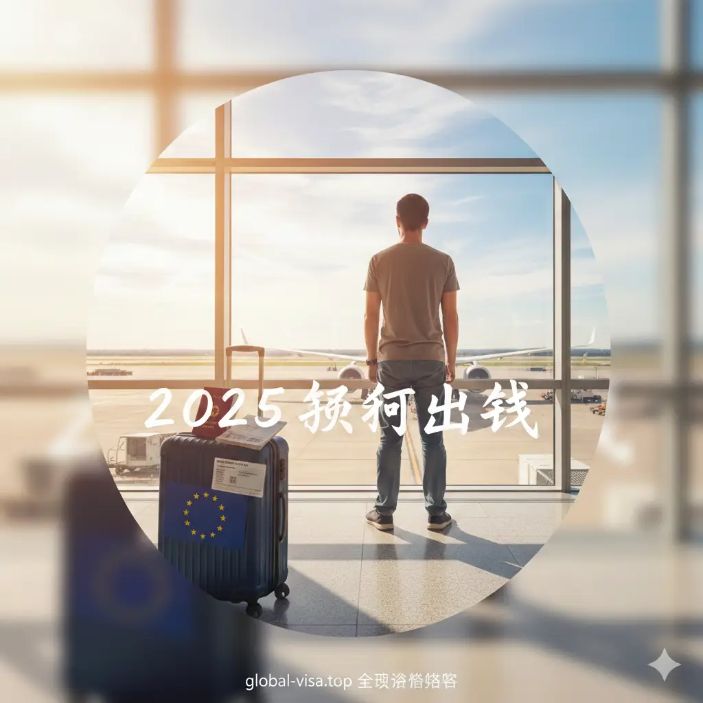 一张充满旅行向往感的总结图片。画面主体是一个正在候机厅窗口远眺飞机的背影，窗外阳光明媚，近处是一个贴有欧盟标志的行李箱。画面边缘虚化，中心位置用艺术字呈现‘2025顺利出签’。色彩明快生动，象征着在美华人成功办妥签证后开启欧洲之旅的愉悦心情。