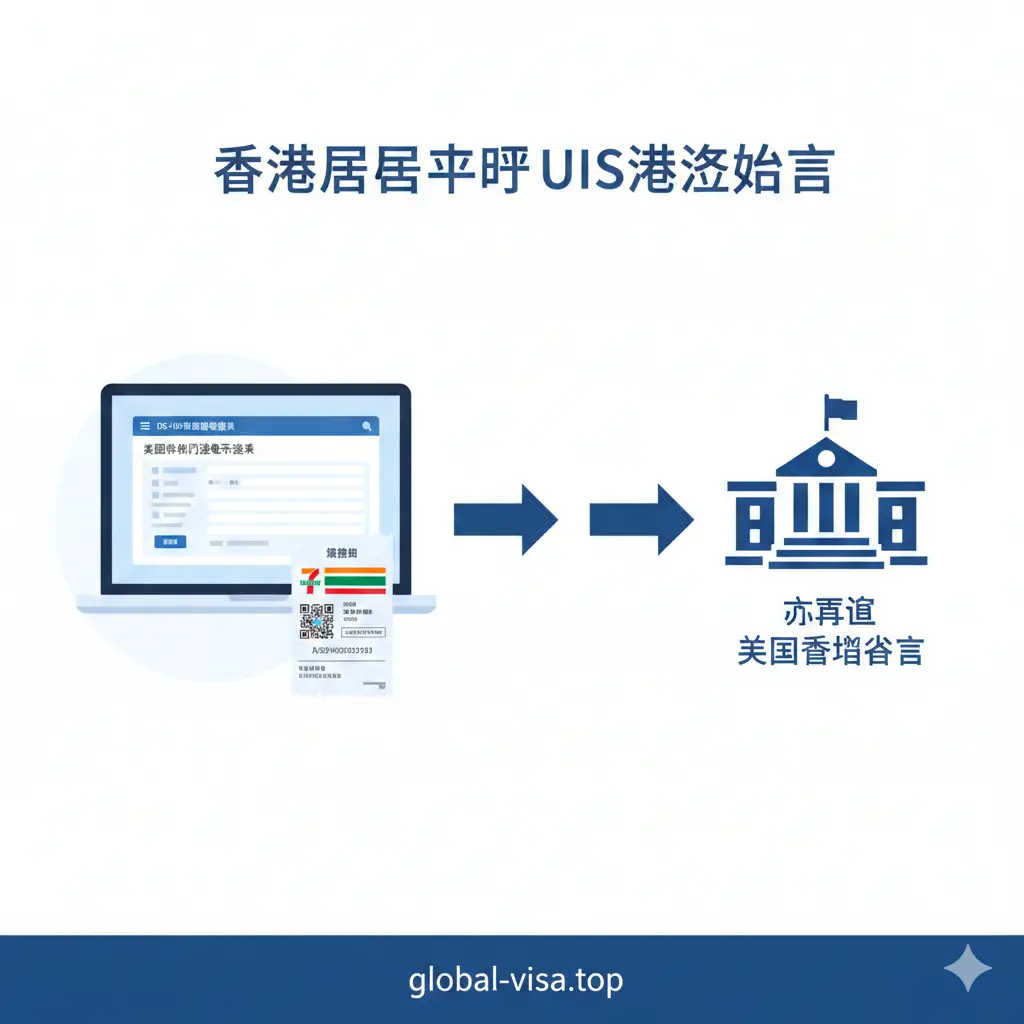 A clean, flat-lay or isometric illustration depicting the unique 3-step US visa application process for Hong Kong residents. Key visual elements include a laptop screen displaying the DS-160 form, a printed 7-Eleven deposit slip (specific to HK payment), and a stylized icon of the US Consulate General on Garden Road. Arrows connect these elements to form a clear visual guide. The color palette should match the global-visa.top professional blue and white theme.