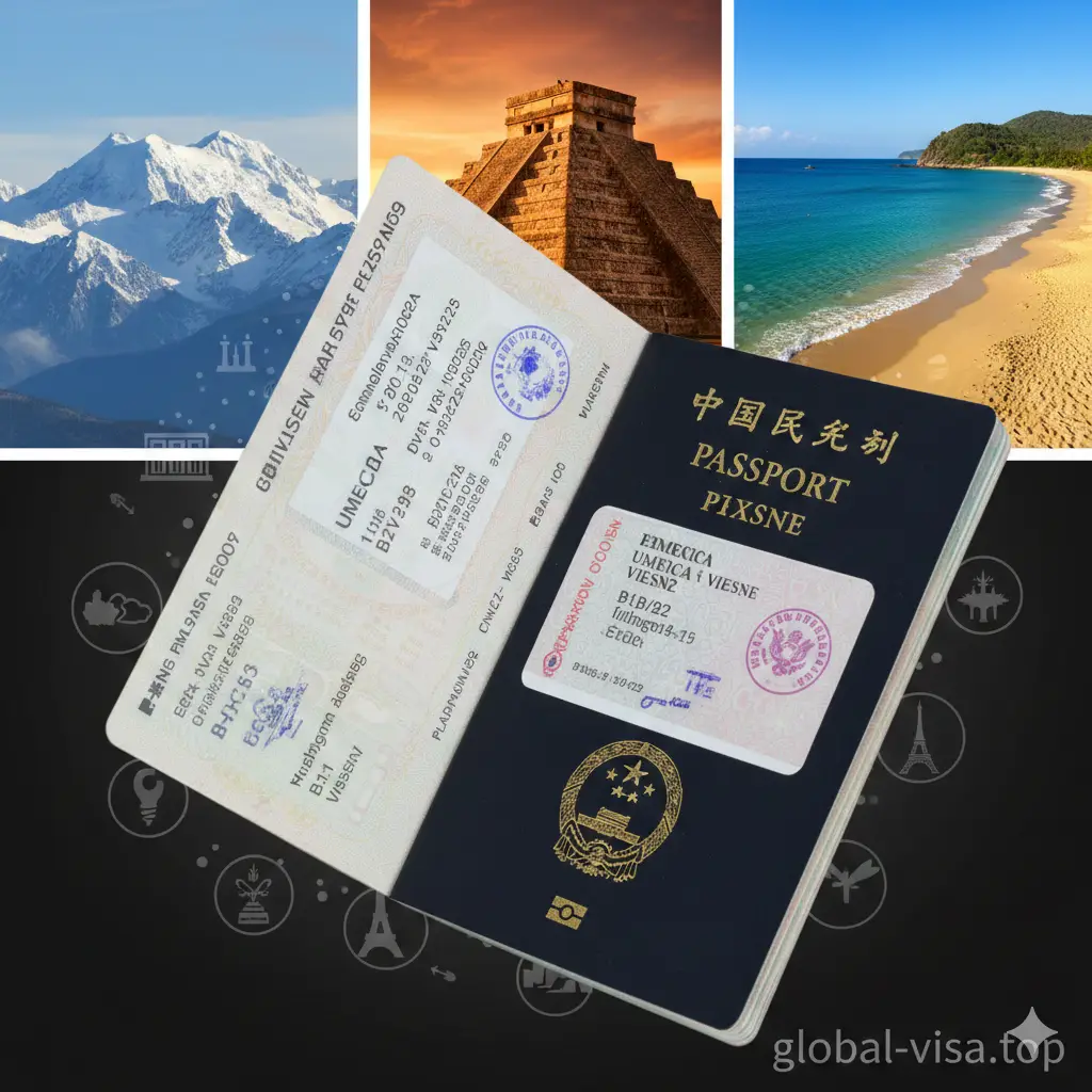 体现‘护照组合’高阶玩法的优势图片。画面中展示中国护照旁边贴有一张带有美签或申根签的内页,背景是智利雪山、墨西哥古迹或菲律宾海滩。通过冷暖色调的对比,展现持有特定发达国家签证后豁免入境的无限可能。构图精巧,利用护照页的翻动感制造出一种‘世界尽在掌握’的专业旅行者形象。