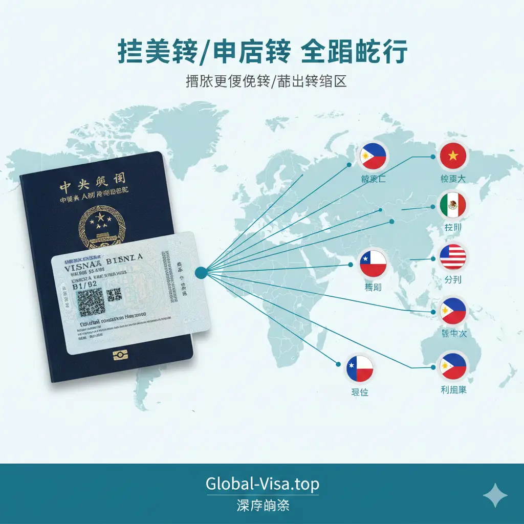 展现持美签或申根签‘解锁’全球的优势。左侧是一本翻开的护照，露出清晰的美国B1/B2签证页，右侧发散出连接到墨西哥、智利、菲律宾等国旗图标的虚线。背景是淡雅的世界地图纹理。整体风格偏向数据可视化，色彩使用科技感十足的青蓝色与白色，突出持特定签证带来的额外附加价值，体现Global-Visa.top的深度洞察。