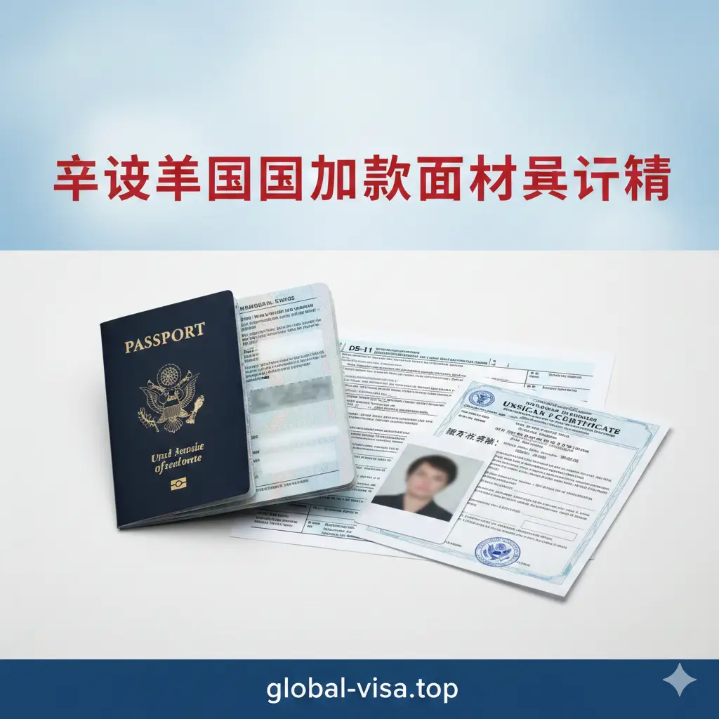 图片应以一张现代、清晰的美国护照（内页打开，可见持照人页和签证页，但信息模糊处理）为主视觉元素，放置于一个干净、专业的工作台面上。旁边散落着堆叠整齐的申请材料，例如一张打印的DS-11表格（部分可见“DO NOT SIGN”字样）、一张符合规格的2x2英寸白底护照照片、以及一张美国出生证的认证副本。背景为柔和的浅蓝色或白色，营造出权威、专业的商务风格。色彩应以美国国旗的红、白、蓝为主色调，并突出'global-visa.top'的专业感。构图应将护照置于画面中心偏左，材料清单呈扇形散开，突出'申请美国护照需要什么材料'的主题。