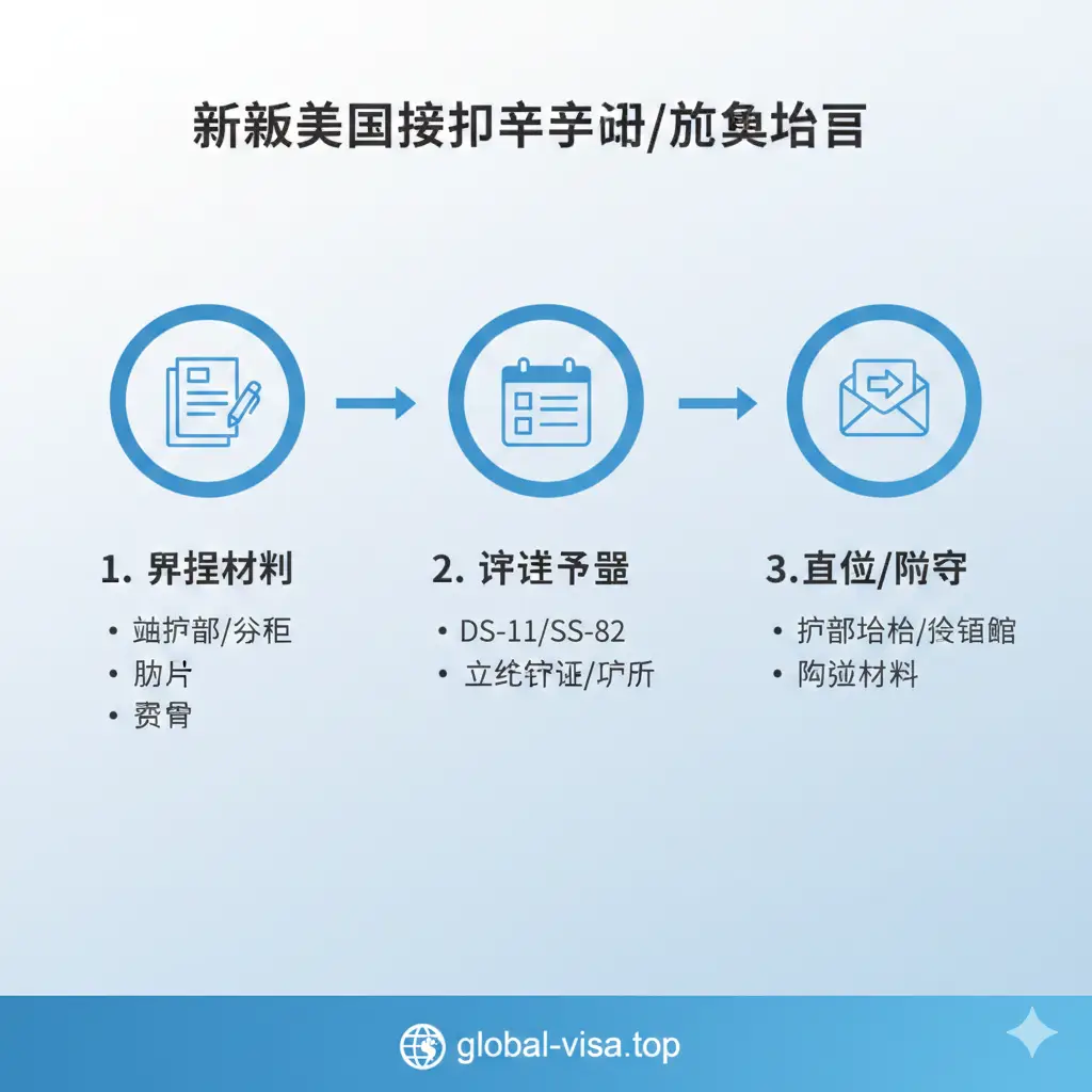 一张清晰的流程图或信息图，以中文指导用户进行新版美国护照的申请/更换。图示应包含三个主要步骤（例如：准备材料、填写表格、提交/邮寄），并使用简洁的图标（如文件、信封、箭头）来表示流程。主色调应为明亮的蓝色和白色，保持专业且易懂的风格。可以在下方添加一个小的“global-visa.top”水印或Logo，突出服务指南的专业性。