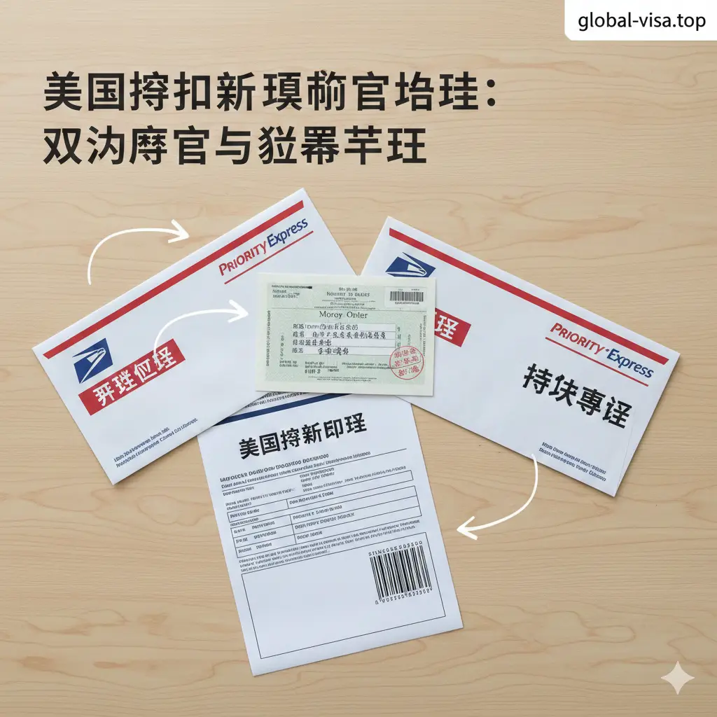 一张清晰的实物教学风格平铺图（Flat Lay），展示邮寄材料的准备过程。桌面上整齐摆放着USPS Priority Mail（红白信封）和Priority Mail Express（蓝白信封），一张填写规范的Money Order汇票特写，以及打印好的带条码的申请表。画面中使用虚线箭头示意将回邮信封放入寄出信封的过程，光线均匀，色彩还原度高，旨在通过视觉引导解决用户关于'双向邮寄'和'汇票填写'的困惑。