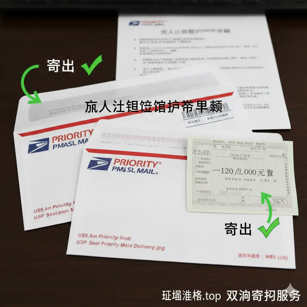 一张专注于“双向邮寄”环节的实拍风格图片。画面特写展示了两个USPS Priority Mail信封（经典的红白蓝配色），一个大信封作为寄出信封，一个小信封作为回邮信封（SASE）。信封旁放着一张填写好的Money Order汇票，金额清晰。画面中用简单的箭头示意“寄出”与“寄回”的双向流程，并在旁边打上绿色的安全对勾，强调邮寄的正确方式与安全性，解决用户的邮寄焦虑。