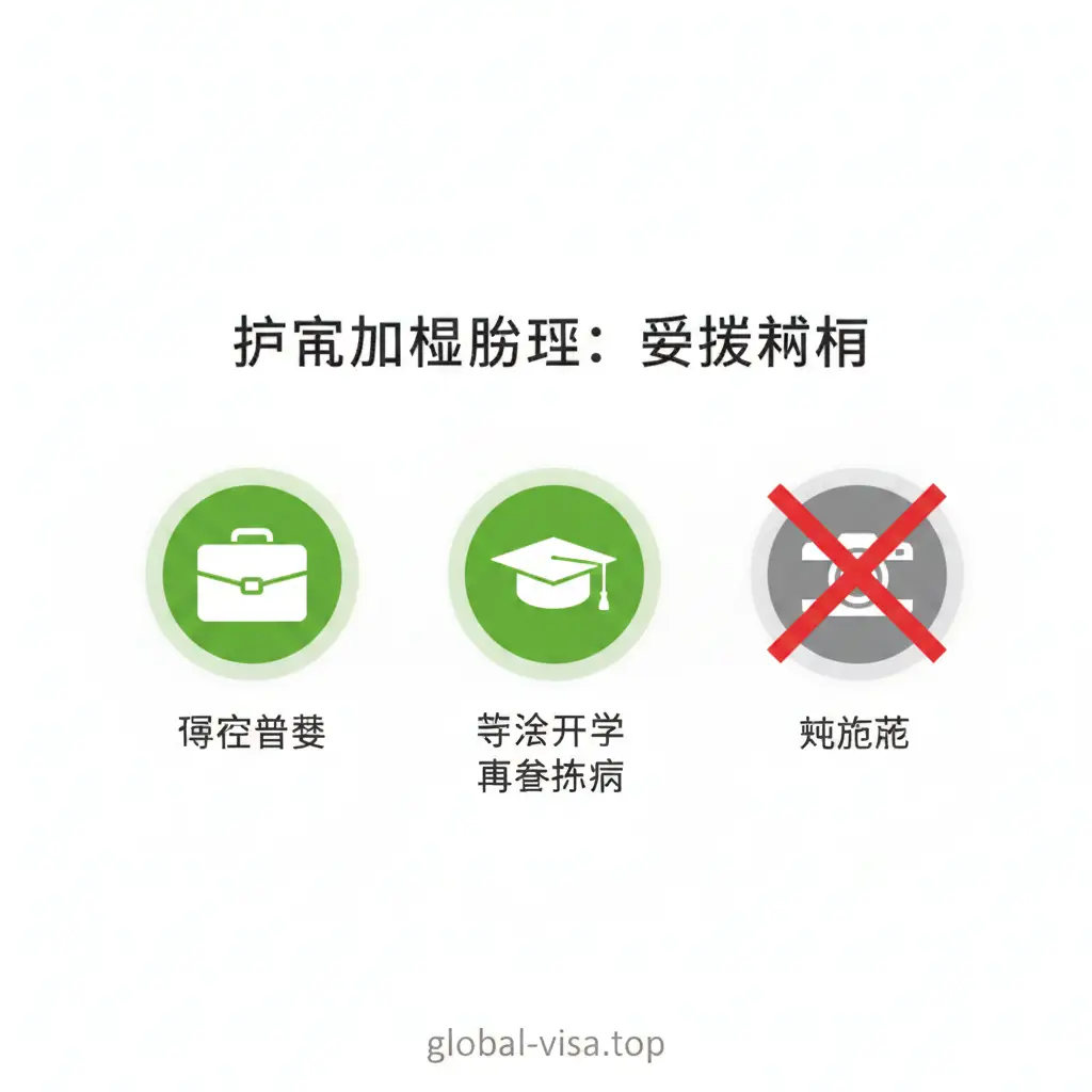 一张扁平化风格的概念插图，用于解释加急资格。画面左侧列出三个被点亮的绿色图标，分别代表‘紧急商务’（公文包）、‘留学开学’（学士帽）和‘奔丧探病’（红十字或爱心）；右侧是一个被灰度处理或打叉的‘纯旅游’（相机）图标。视觉设计采用Global-Visa站点的简约商务风格，背景干净，重点突出，帮助用户一眼识别核心加急理由。