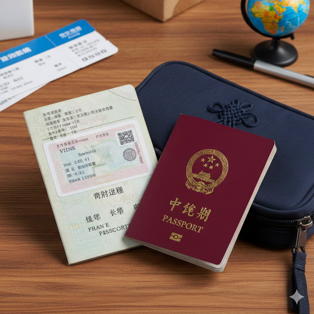 一张极具说明性的细节图，用于解释“签证有效性”。画面中并在摆放着两本中国护照：一本略显陈旧且边角可能被剪角（代表旧护照），翻开展示着一张有效的签证页（如美签或申根签）；另一本则是崭新的护照。两本护照叠放在一个精致的旅行证件包旁。构图聚焦于新旧交替与共存，视觉上解答“带两本护照”的疑问。