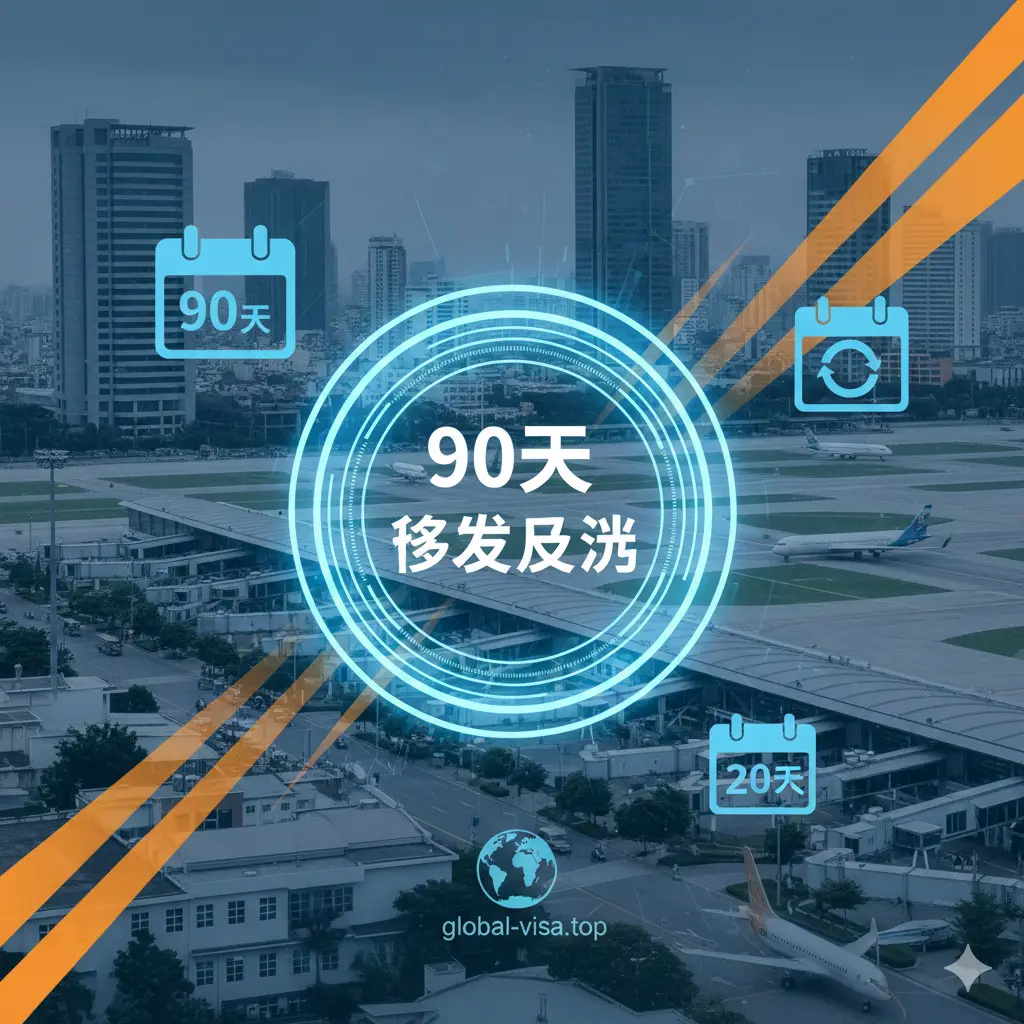 展示越南90天多次往返电子签证功能特性的概念图。图片中央是一个现代化的发光数字印章,上面清晰写着‘90 DAYS MULTIPLE ENTRY’。背景融合了繁华的胡志明市街景和现代化的机场航站楼。色彩以科技蓝和亮橘色为主,象征高效与活力。画面中点缀着日历图标和多次往返的箭头符号,直观传达出签证政策的灵活性和长效性。