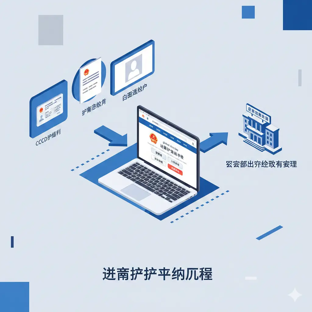 一套关于越南护照办理流程的等距视角（Isometric）插图。画面中包含公民身份证（CCCD）、护照申请表、白底照片以及一台显示在线申请界面的笔记本电脑。整体风格清新简洁，采用浅灰色背景和蓝色系元素，通过箭头引导展示从准备材料到公安部出入境管理局提交申请的逻辑步骤，视觉引导性强，方便读者理解复杂的流程。