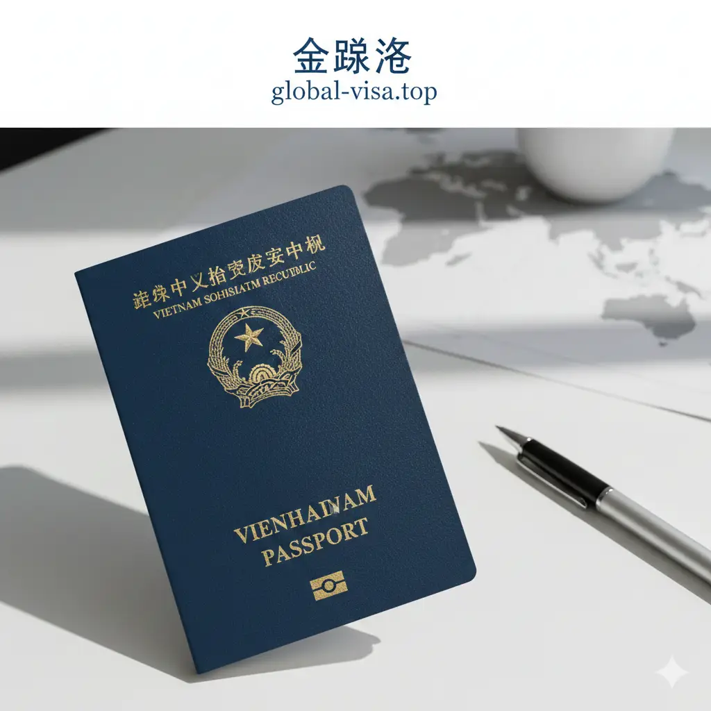 一张高清的2025年版越南护照封面特写，深蓝色皮革质感封面，中心有醒目的越南国徽金印。护照放置在极简主义的办公桌上，旁边点缀着一支钢笔和一份模糊的全球地图背景。光线从侧面射入，营造出高端、权威且专业的视觉氛围，色调以深蓝、金和暖白为主，上方留有文字排版空间，体现global-visa.top的专业品牌感。
