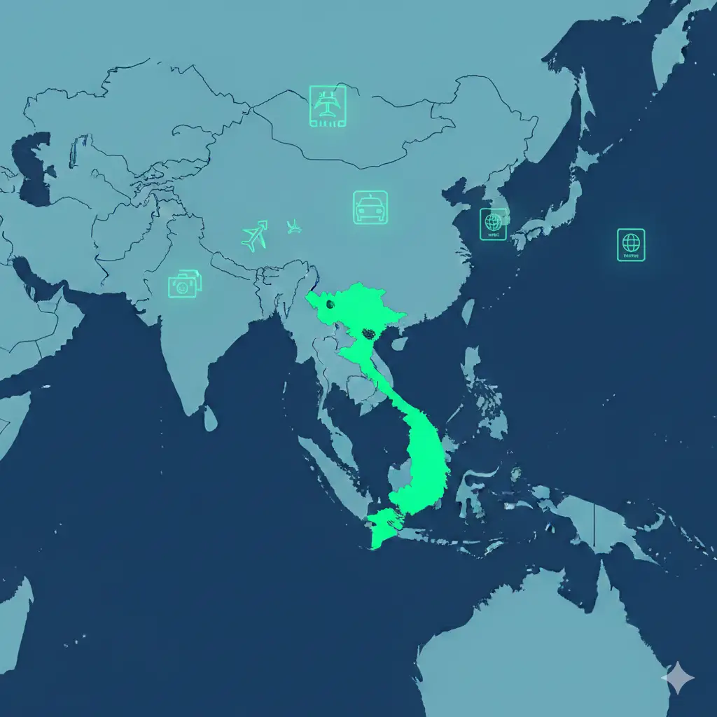 一张富有科技感的全球地图可视化插图，重点展示越南护照的免签范围。地图采用现代平面化设计，越南及东盟国家（如新加坡、泰国、马来西亚）被明亮的颜色高亮标出。地图上方悬浮着各种交通工具图标和护照芯片符号，色彩搭配使用深蓝底色配合亮绿色或青色高亮，构图平衡，清晰展示出越南护照在东南亚地区的通行便利性。
