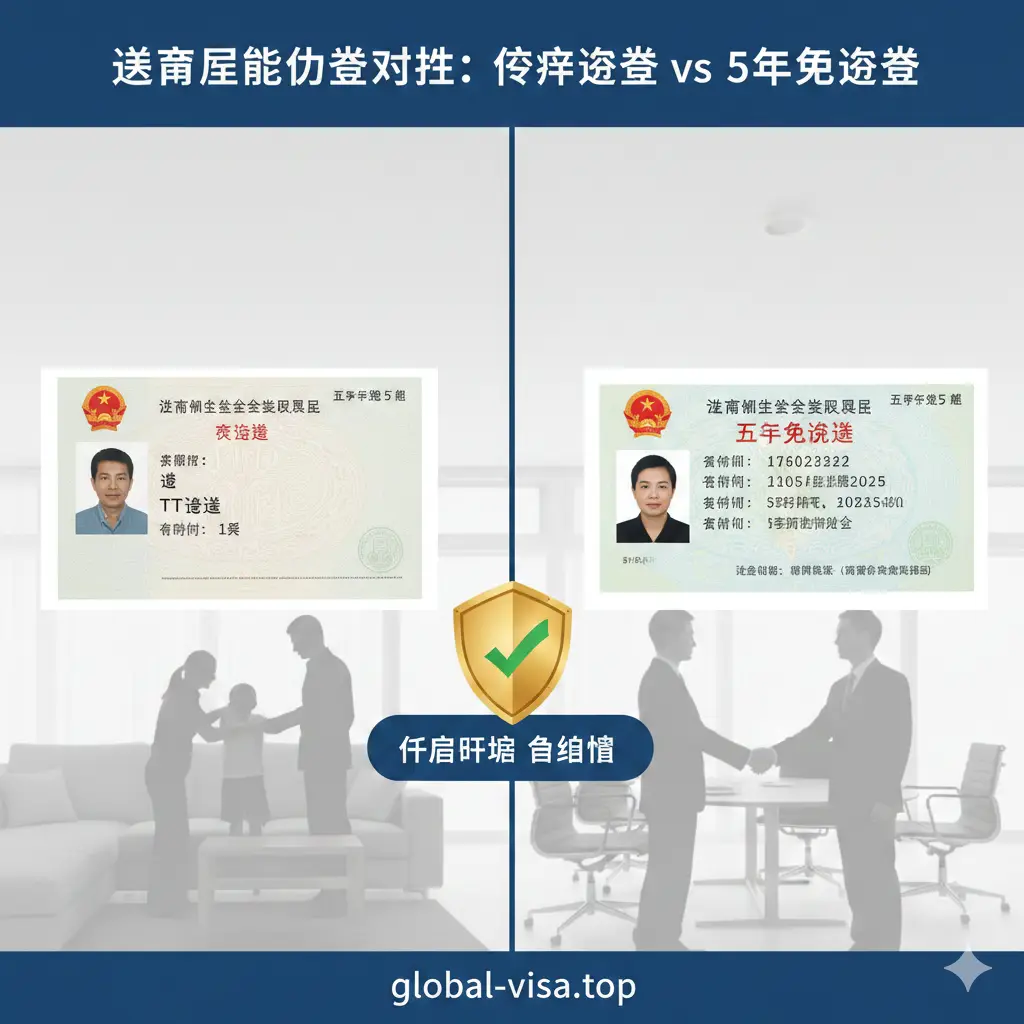 一张高质量的对比图示，展示越南依亲签证（TT）与5年免签证件的区别。画面左侧展示带照片的签证贴纸，右侧展示长期居留证件，背景是温馨的家庭生活剪影与商务洽谈场景的结合。构图采用左右对分形式，色彩明快，强调长效期、高性价比和家庭团聚的优势，画面中心点缀象征信任的盾牌或对勾标志，突显身份规划的含金量。