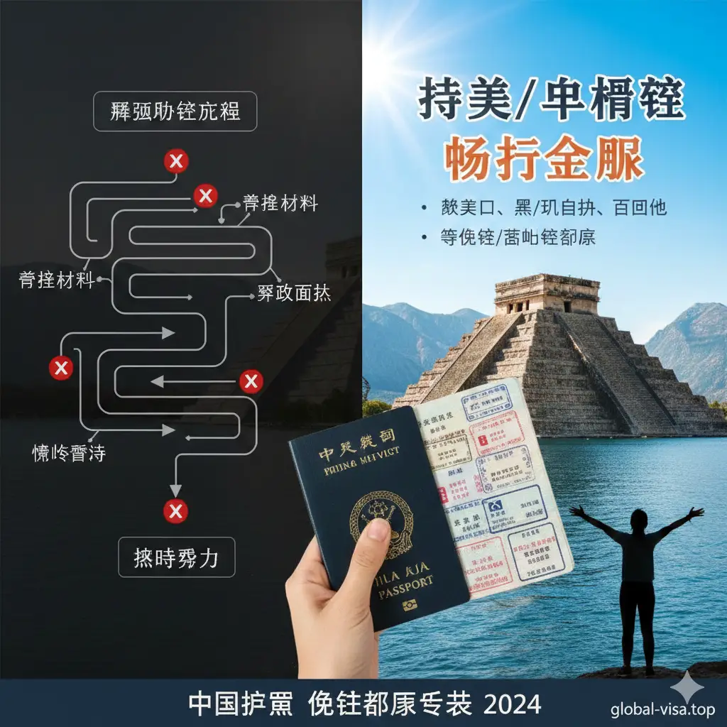针对有美签或申根签用户的优势展示图。画面展示一张贴有丰富签证页的护照,背景是墨西哥玛雅金字塔和黑山科托尔湾的绝美自然风景拼贴。色彩饱和度高,充满异域风情。构图采用对比方式,一边是繁琐的办签流程图(暗色调),一边是持美签直接入境的畅快感(亮色调)。通过强烈的视觉反差突出持有发达国家签证带来的‘隐藏福利’,提升页面的专业深度。