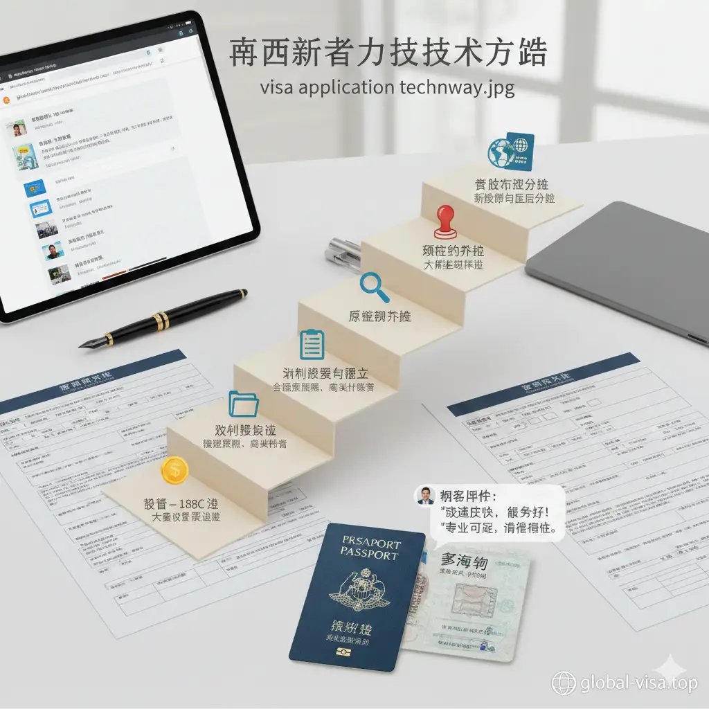 一张清晰的阶梯式流程教程图。展示从普通投资者到获取海外身份的每一步技术路径，如188C签证的投资节点、文件审核、获批等。背景是整洁的办公桌面，放着钢笔、平板电脑和专业的申请表格。色调柔和、自然，光线充足，传达出 global-visa.top 提供的专业、透明且有条理的办理流程指导。