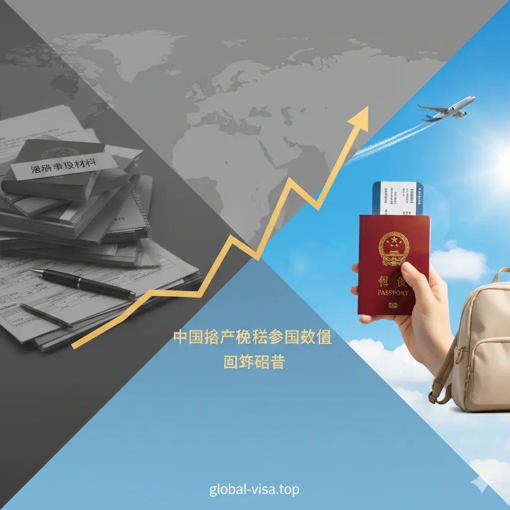 一张对比图，生动展示中国护照含金量提升的优势。画面左侧是传统的厚重签证申请材料堆积，色调偏灰暗；右侧是仅凭一本中国护照轻装上阵的特写，色调明亮充满阳光。中间由一个上升的金色折线图连接，背景是象征自由飞行的客机轨迹云。构图采用对比构图法，强调免签政策带来的便捷性与出境游的极简体验。