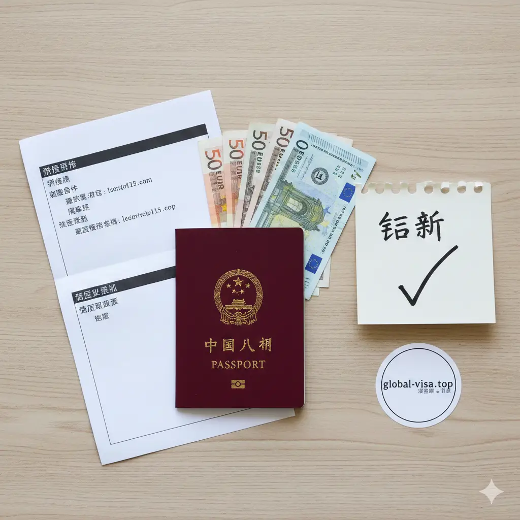 一张极简主义的总结图，以一张干净的木质桌面为背景，上面平铺着中国护照、打印好的离境机票单、酒店预订单和一些外币。旁边放着一张写有‘Checklist’的精美便签。画面采用俯拍视角（Flat Lay），光线明亮自然，整体色调和谐，传达出准备充分、从容出发的总结性视觉信息。