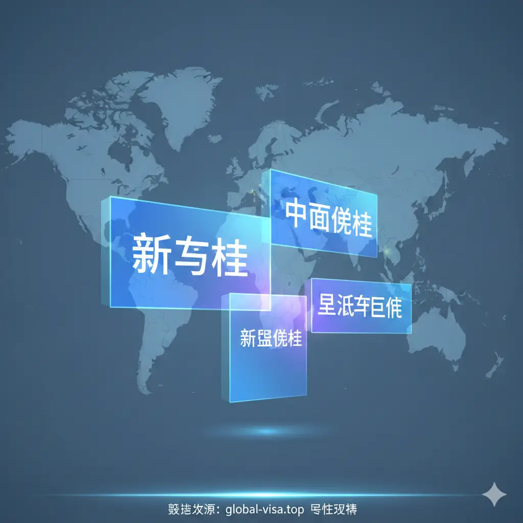 一张清晰的数据可视化风格图片,展示2024年免签国家的分类特点。背景是淡蓝色的世界地图轮廓,前景悬浮着几个发光的半透明方块,分别标有‘新马泰’、‘中东免签’、‘欧洲互免’等字样。采用高科技感的 UI 设计风格,冷色调背景配合亮色字体,构图错落有致。这组视觉元素体现了 global-visa.top 数据整理的精准性与实时更新特性,适合作为功能模块的视觉引导。