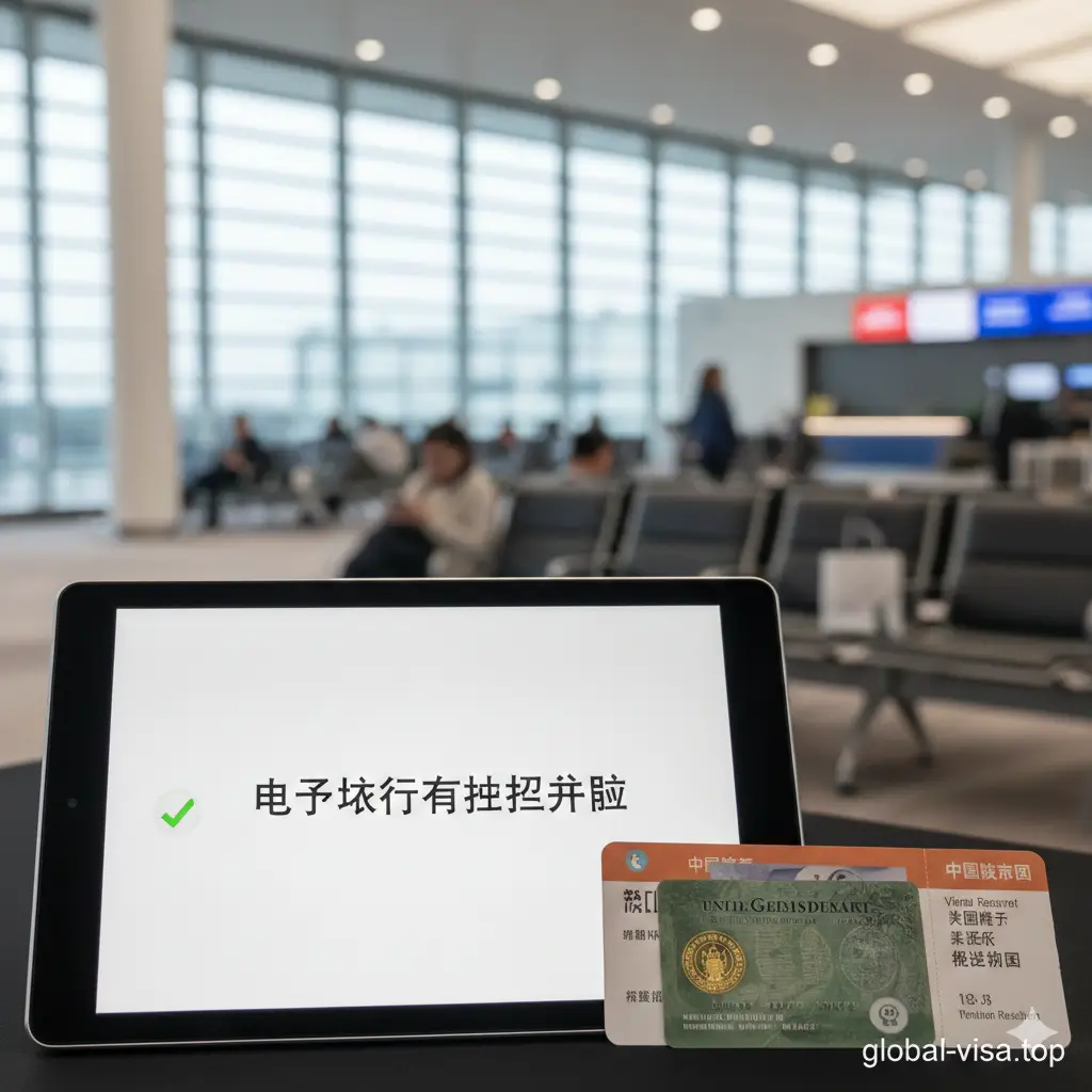 针对入境条件的特写摄影风格图片。画面中心是一个平板电脑或智能手机屏幕,显示着'eTA Approved'(电子旅行授权已批准)的界面,旁边摆放着实体绿卡和机票。背景是模糊的机场候机大厅,营造出临行前的准备场景。重点突出电子签申请和文件准备的必要性,风格商务且实用,强调细节决定成败。