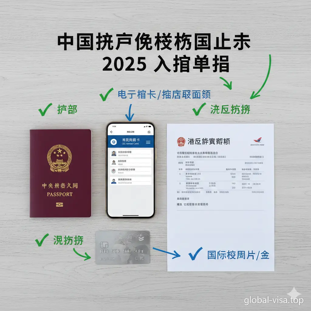 一张清晰的入境准备流程示意图。桌面俯视图风格，整齐摆放着中国护照、手机显示的电子入境卡（SG Arrival Card）、一张往返机票确认单、以及一张国际信用卡。背景为干净的浅灰色木纹。画面中加入一些微小的指示性箭头或打钩符号，强调『护照、机票、酒店、现金』四大核心要素，色调清新自然，给人以专业且易懂的教程感。