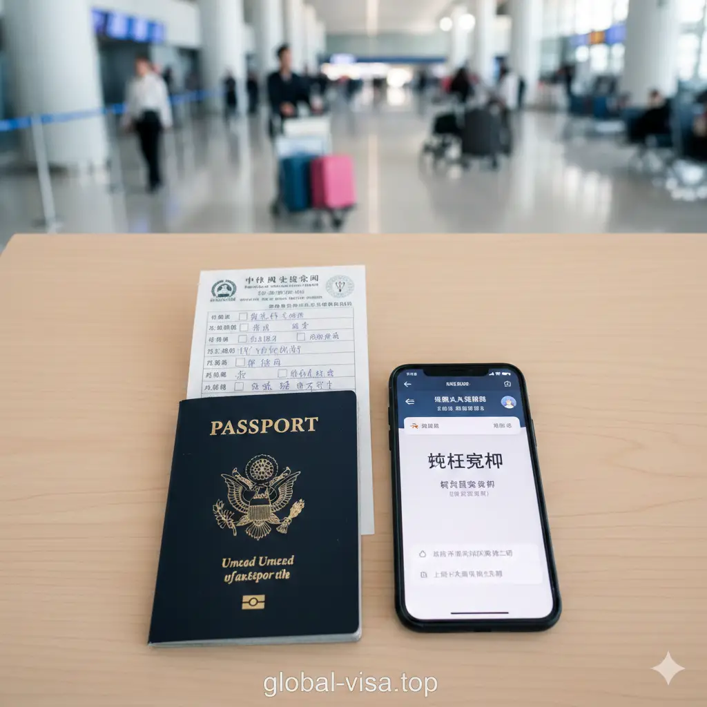 一张清晰的流程图式实景图，模拟美国旅客在机场办理入境的手续场景。画面前景是一个放在木质桌面上的美国护照和一张填写好的外国人入出境卡，旁边是一部显示着机票确认页面的智能手机。光线明亮，采用俯拍视角（Flat Lay），展现出井然有序的准备工作，背景是模糊处理的现代航站楼候机厅，营造出极简的教程指导氛围。