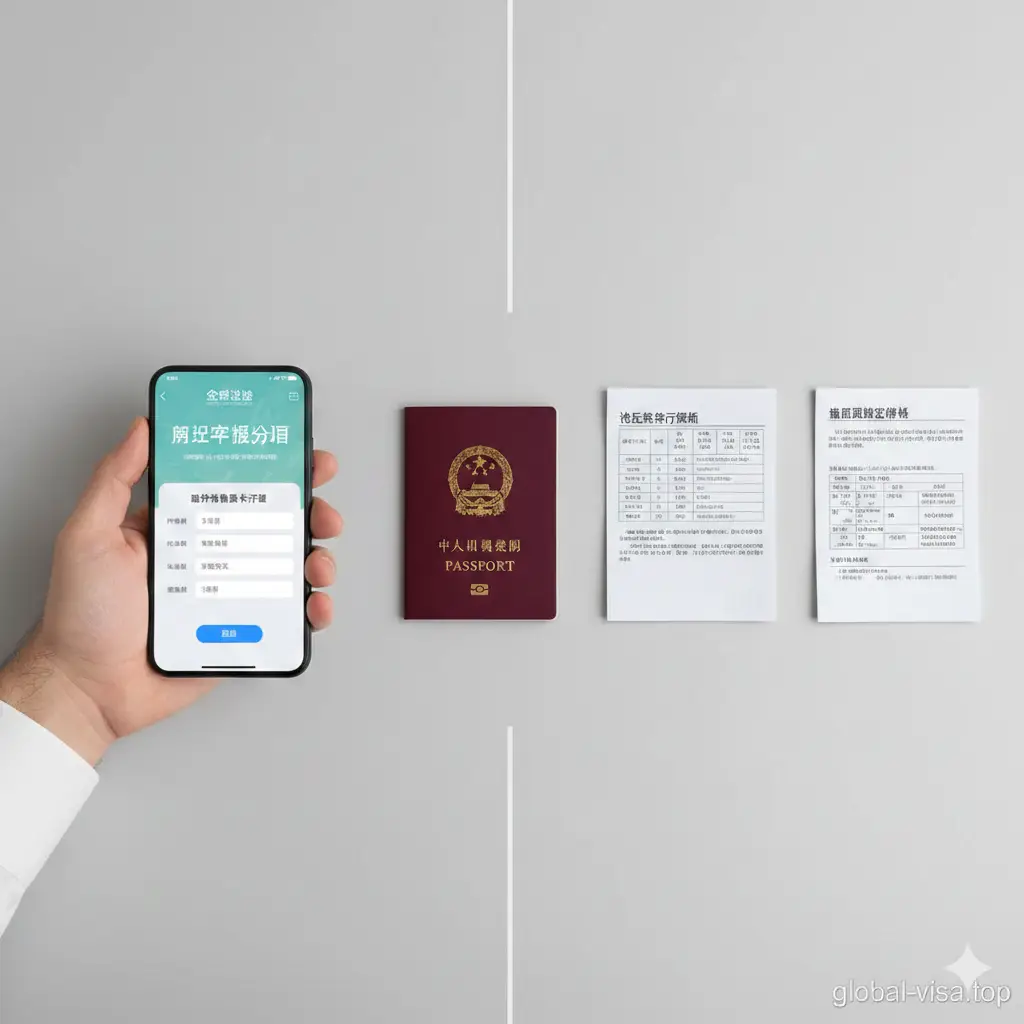 一张清晰的入境准备流程指南图。画面左侧展示一只手拿着智能手机,屏幕上显示着Global Visa的数字化入境卡界面;右侧整齐排列着‘通关三件套’:有效期内的护照、打印好的往返机票行程单、酒店预订确认函。风格简洁干净,背景为淡灰色的极简桌面,采用俯拍视角(Flat Lay),光线均匀,旨在给用户提供专业且实用的教学视觉引导。