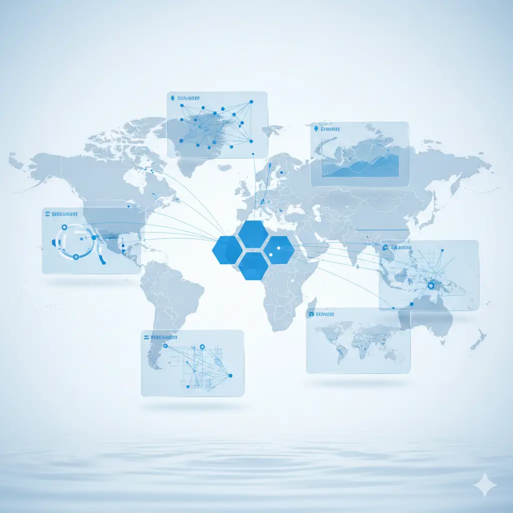 一张富有现代感的功能展示图，采用信息图表风格。背景是淡雅的全球地图，前景悬浮着几个半透明的玻璃质感卡片，卡片上印有‘183+ Countries’、‘Visa-Free’、‘90 Days’等关键词及各国国旗（日、英、中）。画面色彩明快，以专业蓝和白色为主，构图平衡，展现出Global-Visa.top数据的精准与实时性，给人以权威可靠的视觉感受。