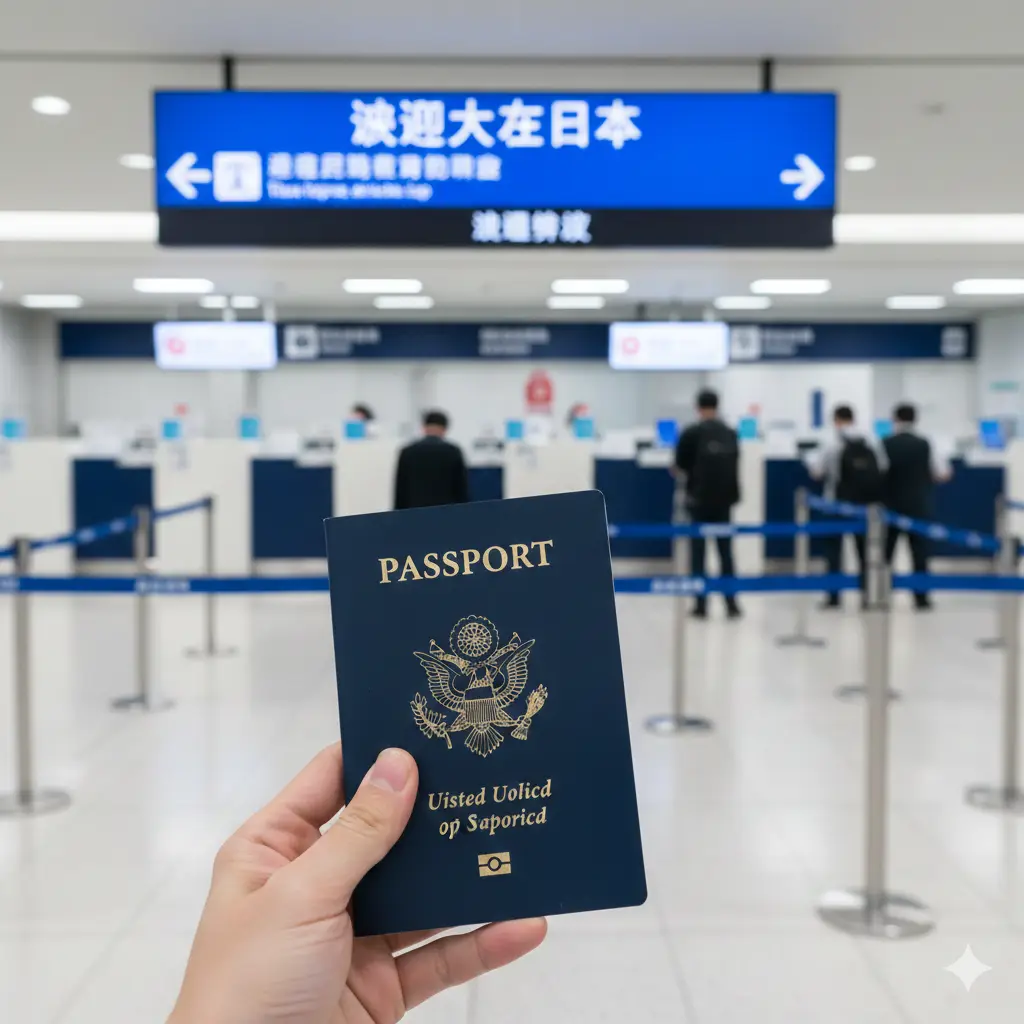 这张图片展示了日本入境处繁忙但有序的现代场景。画面中央是一个特写镜头，展示一只手拿着带有金色国徽的美国护照，背景是日本机场的入境审查柜台和极简主义设计的指示牌。色彩以干净的白色和深蓝色为主，体现专业、高效、便捷的免签政策特性，构图采用第一人称视角，增加代入感。