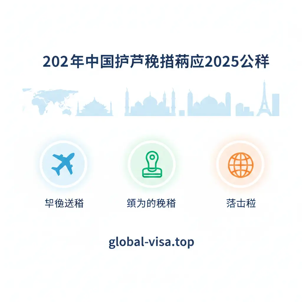展示2025年中国护照免签政策功能分类的创意图片。画面采用扁平化UI设计风格，将“互免签证”、“单方面免签”和“落地签”通过三个发光的图标展示，图标内部包含飞机、印章和地球元素。背景是明亮的白色，点缀着代表东南亚、中东和欧洲的剪影。色彩清新明快，以global-visa.top品牌蓝色调为主，构图简洁明了，体现出政策整理的高效、系统与专业性。