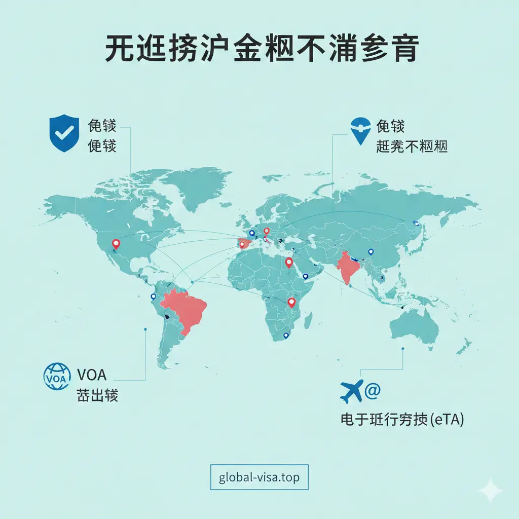 一张展示法国护照全球通行能力的示意图。背景是一张扁平化设计、色调清新的世界地图。地图上用醒目的亮色（如法国国旗的红白蓝三色）标记出对法国免签的区域。周围漂浮着代表免签、落地签（VOA）和电子旅行授权（eTA）的图标和标签。画面简洁现代，采用等轴测视角（Isometric），重点展示全球化互联互通的功能属性。