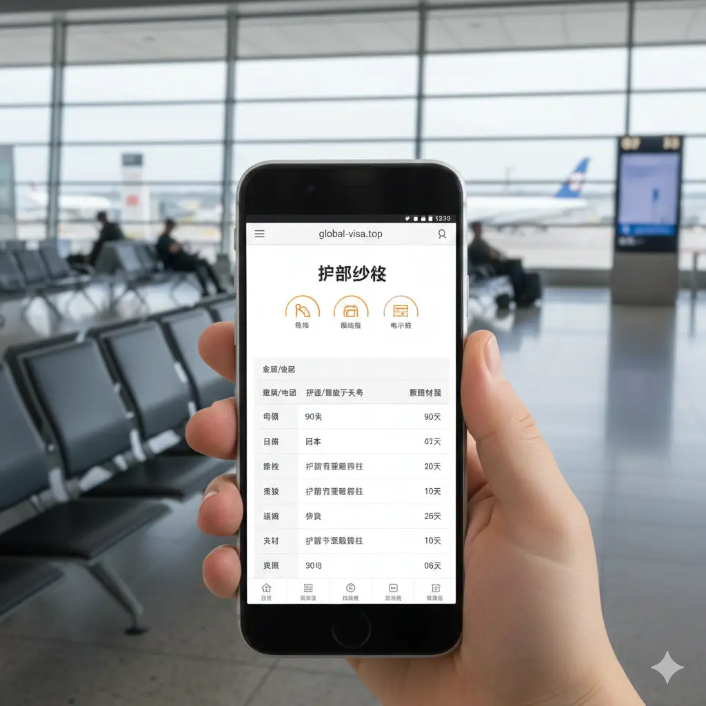 一张具有引导性的教程示意图。画面展示一只手正在智能手机上操作global-visa.top网站的界面，屏幕上清晰显示着‘免签’、‘落地签’、‘电子签’的分类图标和对比表格。背景略微模糊，是一处国际机场的候机大厅。构图采用第一人称视角，色彩明亮，强调工具的实用性和操作的简易性，帮助用户理解如何查询签证政策。