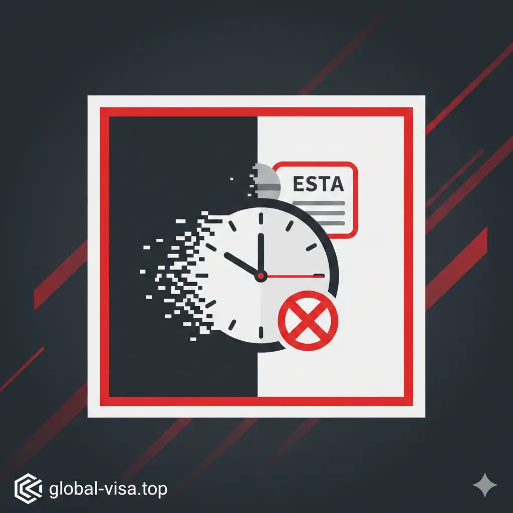 一张极简主义风格的视觉总结图。画面中心是一个带有红色警示边框的时钟，时针指向截止日期，背景是逐渐消散的ESTA图标。色彩运用了深灰色、白色和对比鲜明的警示红。构图简洁有力，旨在总结非法逾期滞留的严重后果。