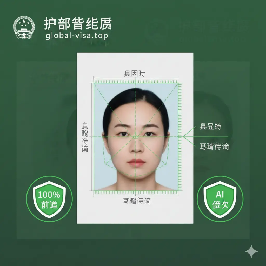 聚焦于照片合规性检测的特写图。画面展示了一张标准的2英寸证件照，面部叠加了绿色的精准测量标尺（头顶距、下巴距），周围环绕着'100% Pass'和'AI Check'的安全盾牌图标，暗示该工具能有效避免因照片不合格导致的拒签风险，色彩以令人安心的绿色和白色为主。