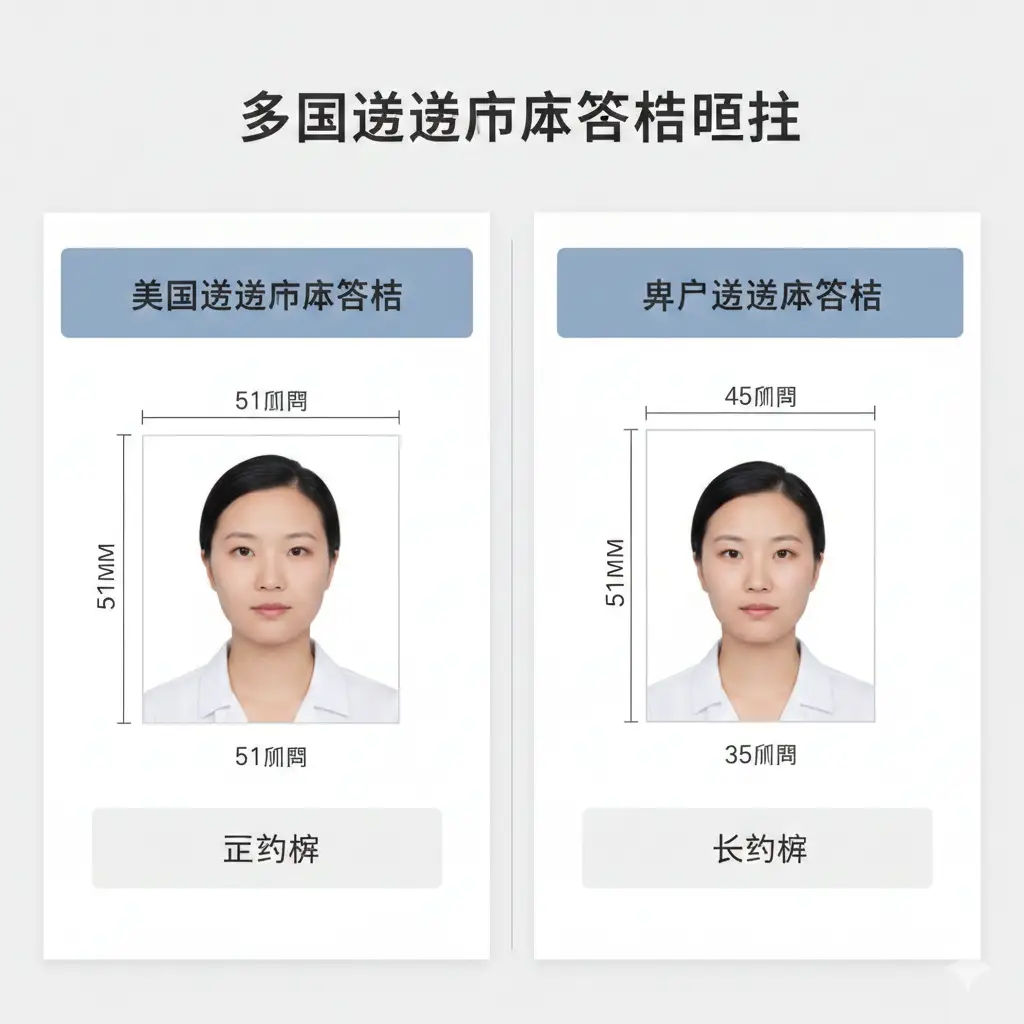 一张展示多国签证照片规格的功能对比图。画面采用分屏或网格布局，左侧展示符合美国签证标准的正方形照片，右侧展示符合申根签证的长方形照片。每张照片旁边标注有精准的尺寸线（如51mm x 51mm和35mm x 45mm）。风格类似专业摄影指南，色彩中性，背景简洁，重点在于通过清晰的视觉元素展示不同国家对护照照片的严格要求。